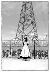  1girl apron black_dress black_hair dress fence greyscale long_dress long_sleeves looking_away looking_to_the_side maeya_susumu maid maid_headdress medium_hair monochrome original outdoors plant power_lines profile solo transmission_tower white_apron wide_shot 