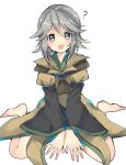  1other ? androgynous barefoot blush bow brown_coat coat highres houlen_yabusame len&#039;en open_mouth short_hair short_hair_with_long_locks shorts silver_hair sitting smile solo 