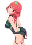  1girl :3 ass bare_arms bare_shoulders black_swimsuit blush breasts casual_one-piece_swimsuit competition_swimsuit hair_between_eyes headgear pyra_(xenoblade) large_breasts linfa_lm looking_at_viewer looking_back one-piece_swimsuit red_eyes redhead short_hair sideboob smile solo standing swimsuit xenoblade_(series) xenoblade_2 