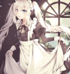  1girl apron bangs black_ribbon blonde_hair blue_eyes blush breasts commentary_request dress eyebrows_visible_through_hair fate/grand_order fate_(series) gloves hair_ornament hat highres long_hair looking_at_viewer maid_dress maid_headdress marie_antoinette_(fate/grand_order) open_mouth ribbon silver_hair smile solo twintails very_long_hair white_apron yua_(bokubo0806) 