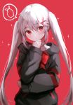  1girl albino black_jacket bow bowtie hair_between_eyes hair_ornament hand_on_own_chin highres jacket long_hair long_sleeves looking_at_viewer original ran9u red_background red_eyes silver_hair solo sparkle spoken_object twintails upper_body very_long_hair x_hair_ornament 