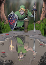  2boys artist_name blonde_hair boots brown_boots cross deviantart_username different_reflection forest green_tunic hair_intakes holding holding_shield holding_sword holding_weapon hylian_shield kneeling latin_cross link master_sword multiple_boys nature outdoors pale_skin pointy_ears puddle red_leaf reflection shield short_hair sidelocks sword syldur the_legend_of_zelda tree tunic weapon 