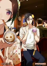 3boys black_hair black_pants blue_eyes brown_hair bustafellows eating flower flower_on_head food green_eyes green_flower highres holding holding_food holding_ice_cream holding_spoon ice_cream limbo_(bustafellows) looking_at_viewer male_focus mozu_(bustafellows) multicolored_hair multiple_boys off-shoulder_shirt off_shoulder official_art orange_shirt pants photo_background pink_eyes print_shirt scarecrow_(bustafellows) shirt spoon sumeragi_kohaku tank_top two-tone_hair v white_shirt white_tank_top yellow_flower 