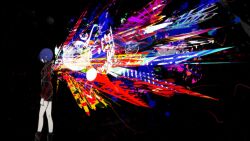  abstract black_background black_boots black_jacket black_shorts blue_hair boots colorful from_side full_body geometric_pattern highres jacket kagune_(tokyo_ghoul) kirishima_touka leather leather_jacket leather_shorts looking_ahead official_art overlapped_images shapes short_hair shorts simple_background standing studio_pierrot tokyo_ghoul wide_shot 