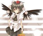  :p ;p black_hair black_wings fan hat sasaki_kouhei shameimaru_aya shirokuro short_hair skirt tokin_hat tongue touhou wings wink 