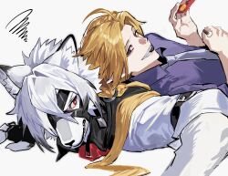  2boys absurdres animal_ear_fluff animal_ears bicep_strap black_gloves blonde_hair body_fur chocolate collared_vest colored_tips eyepatch fingerless_gloves food furry furry_male furry_with_non-furry gloves grey_eyes grey_vest hair_between_eyes hashtag-only_commentary heterochromia highres holding holding_chocolate holding_food hugo_vlad implied_yaoi interspecies long_hair looking_at_another lying lying_on_person mole mole_under_eye multicolored_hair multiple_boys muzzle_(mask) necktie nongxy_nonshi on_stomach purple_necktie purple_shirt red_eyes ring_hair_ornament sharp_teeth shirt sleeves_rolled_up teeth upper_body vest von_lycaon white_background white_fur white_shirt wolf_boy wolf_ears zenless_zone_zero 