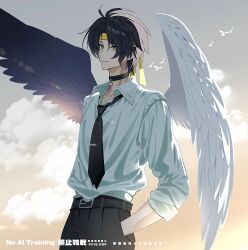  1boy absurdres asaba_harumasa belt bird black_hair black_necktie black_pants choker clouds collarbone earrings hair_between_eyes hand_in_pocket headband highres jewelry light_smile looking_at_viewer male_focus naru9 necktie outdoors pants shirt short_hair sky sleeves_rolled_up solo white_bird white_shirt white_wings wings yellow_eyes yellow_headband yellow_sky zenless_zone_zero 