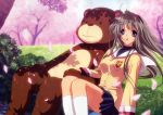  1girl clannad kneehighs petals sakagami_tomoyo school_uniform sitting socks stuffed_animal stuffed_toy teddy_bear 