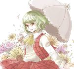  flower green_hair head_tilt kazami_yuuka lips lowres nikoro parasol petals plaid plaid_skirt plaid_vest red_eyes short_hair skirt skirt_set smile solo sunflower touhou umbrella white_background 