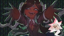  2girls absurdly_long_hair arms_up backlighting binary black_background black_hair blazer brown_jacket cephalopod_eyes collared_shirt cosplay dark dark-skinned_female dark_skin fang flat_chest foreshortening hair_ribbon half-closed_eyes highres image_in_speech_bubble incoming_hug inkling jacket light_blush long_hair long_sleeves looking_at_viewer mole mole_under_mouth monika_(doki_doki_literature_club) monika_(doki_doki_literature_club)_(cosplay) multiple_girls neck_ribbon number_background octoling open_mouth outstretched_arms reaching reaching_towards_viewer red_ribbon ribbon school_uniform shirt side_part signature solo_focus splatoon_(series) splatoon_2 sweater_vest terrifiedpuddin upper_body very_long_hair white_ribbon white_shirt wing_collar yellow_sweater_vest 