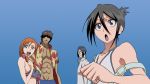  abs beach bikini black_hair bleach blue_eyes breasts cap dress_shirt flat_chest glasses hair_ornament hair_over_eyes hair_up hairclip hawaiian_shirt highres inoue_orihime ishida_uryuu kuchiki_rukia large_breasts long_hair open_clothes open_mouth open_shirt orange_hair ponytail print_bikini sado_yasutora screencap shirt smile swimsuit tank_top vector_trace yasutora_sado 