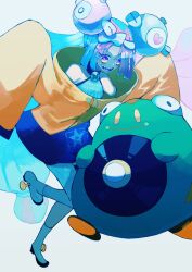  1girl :d bellibolt blue_skirt bow-shaped_hair character_hair_ornament hair_ornament highres iono_(pokemon) jacket leg_up long_hair multicolored_hair pink_hair pokemon pokemon_sv purano7 sharp_teeth simple_background skirt sleeves_past_fingers sleeves_past_wrists smile teeth two-tone_hair upper_teeth_only white_background yellow_jacket 