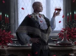  1boy blood candle company_name copyright_name copyright_notice cup curtains dark-skinned_male dark_skin drinking_glass fire formal_clothes frills green_fire holding holding_cup indoors magic:_the_gathering male_focus martina_fackova official_art petals red_candle solo table tray vampire victorian window wine_glass 