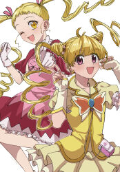 2girls :d ;d biscuit_krueger biscuit_krueger_(cosplay) blonde_hair blue_gemstone butterfly_earrings capelet collarbone cosplay costume_switch cure_lemonade cure_lemonade_(cosplay) earrings floating_hair frilled_capelet frills gem gloves hair_ribbon highres hunter_x_hunter jewelry kasugano_urara_(yes!_precure_5) layered_skirt long_hair look-alike miniskirt multiple_girls one_eye_closed pink_ribbon pink_shirt precure re_tae44 red_capelet red_eyes red_skirt ribbon shirt short_sleeves simple_background sketch skirt smile twintails v very_long_hair vest white_arm_warmers white_background white_gloves white_skirt yellow_eyes yellow_skirt yellow_trim yellow_vest yes!_precure_5
