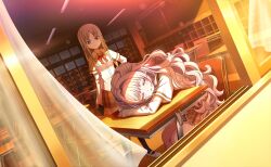  2girls arms_on_table artist_request black_socks blonde_hair bow bowtie breasts brown_skirt ceiling_light cellphone chair chalkboard classroom closed_eyes collared_shirt curtains desk dutch_angle eyelashes full_body game_cg hair_intakes hand_on_own_hip happy head_on_table highres holding holding_phone indoors kneehighs lace-trimmed_skirt lace_trim layered_sleeves light_particles long_hair long_sidelocks long_sleeves looking_at_another magia_record:_mahou_shoujo_madoka_magica_gaiden mahou_shoujo_madoka_magica mahou_shoujo_madoka_magica_magia_exedra mary_janes medium_breasts miniskirt multiple_girls official_art on_chair parted_bangs parted_lips phone plaid_clothes plaid_skirt pleated_skirt red_bow red_bowtie sakae_general_school_uniform school_chair school_desk school_uniform shirt shoes short_over_long_sleeves short_sleeves sidelocks sitting skirt sleeping sleeves_past_wrists smartphone socks standing straight_hair sunset very_long_hair violet_eyes wavy_hair white_hair white_shirt white_shoes window yoake_sumire yukino_kanae 