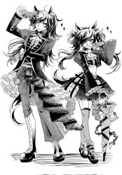  1boy 1girl :d aimono_jyushi alternate_costume animal_ear_piercing animal_ears arm_up ascot asymmetrical_pants bell-bottoms belt blush boots bow charm_(object) choker closed_umbrella commentary_request crinoline crop_top cropped_jacket crosshatching dual_persona earrings fishnet_thighhighs fishnets floating_hair frilled_jacket frilled_pants frilled_skirt frilled_sleeves frills full_body genderswap genderswap_(mtf) gloves greyscale hair_bow hair_over_one_eye hand_up hatching_(texture) high_ponytail highres holding holding_umbrella horse_boy horse_ears horse_girl horse_tail hypnosis_mic jacket jewelry juliet_sleeves kemonomimi_mode knee_boots linea_alba linear_hatching long_hair long_sleeves looking_at_viewer midriff miniskirt monochrome multicolored_hair multiple_belts multiple_earrings neck_ribbon open_clothes open_jacket open_mouth pants pants_tucked_in parody petticoat pinky_out platform_boots platform_shoes ponytail puffy_sleeves ribbon runes screentones shinsen_milk shiny_skin side-by-side simple_background single_leg_warmer skirt smile sparkle standing streaked_hair studded_belt stuffed_animal stuffed_pig stuffed_toy tail thigh-highs twintails umamusume umbrella wallet_chain white_background wide_sleeves 