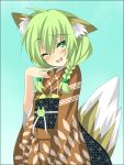  fangs fox_ears green_hair japanese_clothes kimono original saitou_kon shingetsu_takehito tail twin_braids wink 