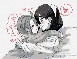  2girls ahoge blush carmine_(pokemon) closed_eyes closed_mouth commentary_request cuddling greyscale heart hug hyaku_ae_mon juliana_(pokemon) long_hair mole mole_under_eye monochrome multiple_girls pokemon pokemon_sv smile speech_bubble spoken_heart spot_color translation_request yuri 