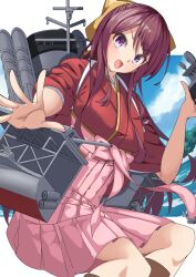  1girl blue_sky boots bow brown_boots clouds foreshortening hair_bow hakama highres japanese_clothes kamikaze_(kancolle) kantai_collection kikuchi-shoogo kimono long_hair machinery meiji_schoolgirl_uniform pink_hakama purple_hair red_kimono sky smile solo tasuki violet_eyes yellow_bow 