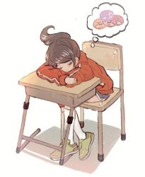  1girl asahina_aoi brown_hair brown_shoes chair closed_eyes closed_mouth commentary danganronpa:_trigger_happy_havoc danganronpa_(series) desk doughnut dreaming eyelashes food hair_ornament hairclip jacket kkonmeo kneehighs long_sleeves ponytail red_jacket school_desk shoes simple_background sitting sleeping socks solo speech_bubble symbol-shaped_pupils thought_bubble triangle-shaped_pupils white_background white_socks 