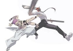  2boys baggy_pants battle black_nails black_necktie black_pants body_markings chainsaw chainsaw_devil chainsaw_man clenched_hands clenched_teeth collared_shirt denji_(chainsaw_man) extra_arms extra_mouth facial_mark fighting_stance full_body furrowed_brow highres jujutsu_kaisen kanknive male_focus multiple_boys nail_polish necktie open_mouth outstretched_arm pants pink_hair ryoumen_sukuna_(jujutsu_kaisen) sandals sharp_teeth shirt shoes short_hair sleeves_rolled_up tabi teeth tongue tongue_out topless_male underwear white_background white_pants white_shirt white_shoes 