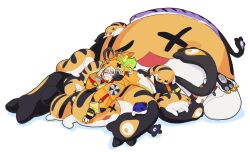  1girl ahoge baggy_clothes belt black_shorts blonde_hair brown_hair closed_eyes commentary creature cuddling english_commentary gigi_murin gigi_murin_(1st_costume) grem_(gigi_murin) hololive hololive_english hood hood_up hoodie kresa multicolored_hair orange_belt orange_hoodie paw_shoes pile popo_(gigi_murin) shoes shorts simple_background sleeping sleeping_on_person sleeves_past_wrists socks streaked_hair striped_clothes striped_socks tail virtual_youtuber white_background white_shoes 