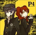  androgynous blue_hair buzz cabbie_hat hat kujikawa_rise multiple_girls persona persona_4 red_hair redhead reverse_trap school_uniform shirogane_naoto smile twintails 