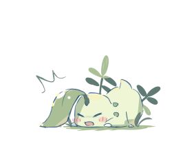 blush blush_stickers chikorita closed_eyes foznya highres leaf no_humans open_mouth plant pokemon pokemon_(creature) pokemon_focus tail tripping 