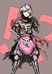  1boy apron armored_boots assassin_cross_(ragnarok_online) boots brown_background brown_pants brown_shirt closed_mouth commentary_request feet_out_of_frame holding holding_ladle ladle looking_at_viewer male_focus pants pink_apron ragnarok_online red_eyes red_scarf riuhi scarf shirt short_hair shy_(ragnarok_online) smile solo standing torn_clothes torn_scarf waist_apron white_hair 