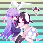 ahoge animal_ears bad_id black_hair bloomers bunny_ears bunny_tail chibi_inset harano heart hug inaba_tewi long_hair looking_back open_mouth purple_hair rabbit_ears reisen_udongein_inaba short_hair skirt smile striped striped_background tail touhou wink 