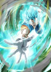  1boy aura blue_eyes blue_hair blue_pants blue_shirt clenched_hand dougi dragon_ball dragon_ball_super earrings gloves jewelry male_focus medium_hair midair momin_3180 motion_lines open_mouth orange_shirt pants potara_earrings shirt solo speed_lines spiky_hair super_saiyan super_saiyan_blue vegetto white_gloves 