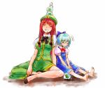  barefoot blue_hair blush_stickers bow bowtie braid chinese_clothes cirno drooling feet frog frozen hair_bow hat hong_meiling long_hair matilda matilda_(artist) multiple_girls object_on_head on_floor red_hair short_hair sleeping touhou twin_braids v_arms 