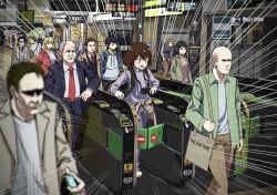  6+boys 6+girls absurdres backpack bag camera clock clothes_around_waist emphasis_lines frown highres hood hoodie jacket jacket_around_waist light_blush multiple_boys multiple_girls necktie notice_lines open_clothes open_jacket open_mouth original people red_necktie shaded_face shoulder_bag train_station turnstile user_hegd7837 
