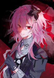  1girl asymmetrical_dress black_dress black_flower black_gloves black_umbrella dress evernight_(honkai:_star_rail) flower flower_ornament gloves hair_between_eyes hair_flower hair_ornament hairclip highres holding holding_umbrella honkai:_star_rail honkai_(series) long_hair long_sleeves looking_at_viewer march_7th_(honkai:_star_rail) official_alternate_eye_color parted_lips pink_hair red_eyes single_bare_shoulder smile solo suzu_(0943_su) teeth umbrella upper_body 