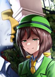  1boy 1girl absurdres bowler_hat brown_hair bush but_you_can&#039;t_prove_it_(meme) buttons closed_mouth collared_shirt commentary_request dexter_(tv_series) double-breasted green_eyes green_hat green_jacket half-closed_eyes hat hayakawa_tazuna highres jacket manjo_(warito) medium_hair meme necktie nervous_sweating parody shirt smile suit_jacket sweat t-head_trainer_(umamusume) trainer_(umamusume) umamusume white_shirt yellow_necktie 