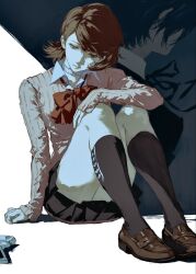  1boy 1girl bow bowtie brown_hair evoker gekkoukan_high_school_uniform gyaru highres jing_zhi_kaoxiang_yu_re_zhong persona persona_3 persona_3_reload red_bow school_uniform takeba_yukari yuuki_makoto_(persona_3) 