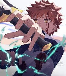  1boy dual_wielding emiya_shirou fate/stay_night fate_(series) highres holding holding_sword holding_weapon kanshou_&amp;_bakuya_(fate) magic male_focus nekome_2o red_hair solo spiky_hair sword watermark weapon 