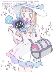  1girl :d :o bag blonde_hair blunt_bangs blush_stickers braid collared_dress cosmog dress duffel_bag green_eyes grey_bag hat highres lillie_(pokemon) long_hair looking_at_viewer open_mouth pokemon pokemon_(creature) pokemon_sm remoooon shoulder_bag simple_background sleeveless sleeveless_dress smile sparkle standing sun_hat sundress twin_braids upper_body white_background white_dress white_hat yellow_eyes 