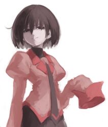  1girl black_hair black_necktie black_shirt black_skirt bob_cut breasts closed_mouth commentary cowboy_shot english_commentary hair_between_eyes highres juliet_sleeves light_smile long_sleeves looking_at_viewer monogatari_(series) naoetsu_high_school_uniform necktie oshino_ougi painterly pale_skin pink_shirt puffy_sleeves red_trim school_uniform shirt short_hair simple_background skirt sleeves_past_fingers sleeves_past_wrists small_breasts smile smirk smug solo spdcooler standing turtleneck very_long_sleeves white_background 
