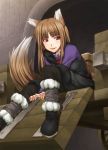  brown_hair holo ifuji_shinsen long_hair red_eyes sitting spice_and_wolf tail wolf_ears 