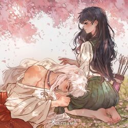  1boy 1girl animal_ears arrow_(projectile) artist_name ass barefoot bead_necklace beads black_hair blush cat_boy cat_ears cherry_blossoms closed_eyes commentary english_commentary falling_petals green_skirt highres higurashi_kagome inuyasha inuyasha_(character) jewelry kalisami1 long_hair looking_at_another necklace petals quiver skirt twitter_username wavy_hair white_hair 