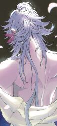  1boy absurdres back back_focus falling_petals fate/grand_order fate_(series) from_behind grey_background grey_hair highres long_hair male_focus merlin_(fate) pakameso_paso partially_undressed petals solo upper_body 