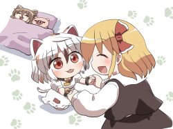  3girls :3 :d ^_^ animal_ears black_skirt black_vest blonde_hair blush calico_(pattern) cat_ears cat_girl cat_tail chibi closed_eyes closed_mouth collared_shirt commentary_request fox_ears fox_girl goutokuji_mike hair_ribbon holding_hands kudamaki_tsukasa long_sleeves multicolored_hair multiple_girls open_mouth pig red_eyes red_ribbon ribbon rokugou_daisuke rumia shirt short_hair signature skirt skirt_set sleeping smile streaked_hair tail tongue tongue_out touhou vest white_background white_hair white_shirt 