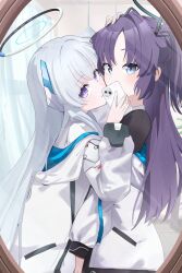  2girls absurdres blue_archive blush cellphone cheek-to-cheek commentary grey_hair halo headgear heads_together highres holding holding_phone indoors jacket kumakono long_hair looking_at_viewer mirror multiple_girls noa_(blue_archive) phone purple_hair reflection reflection_focus selfie smartphone very_long_hair violet_eyes white_jacket yuri yuuka_(blue_archive) 