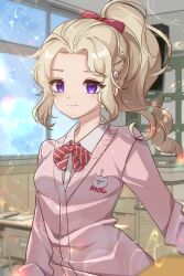  1girl bag cardigan character_print closed_mouth collared_shirt commentary dissidia_duellum_final_fantasy dissidia_final_fantasy final_fantasy final_fantasy_vi highres indoors long_hair long_sleeves moogle neck_ribbon official_alternate_costume pink_cardigan ponytail red_ribbon ribbon school_bag school_uniform shirt solo terra_branford violet_eyes wavy_hair white_shirt window zer00han 