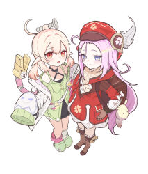  2girls absurdres aino_(genshin_impact) aino_(genshin_impact)_(cosplay) backpack bag blonde_hair boots brown_boots brown_gloves center-flap_bangs charm_(object) child coat cosplay costume_switch cowlick double-parted_bangs dress full_body genshin_impact gloves green_dress green_slippers hair_between_eyes hair_intakes hair_ornament halterneck hat hat_feather hat_ornament highres jacket jianque klee_(genshin_impact) klee_(genshin_impact)_(cosplay) long_hair long_sleeves looking_at_viewer low_twintails mechanical_tail mismatched_socks multiple_girls newsboy_cap open_clothes open_jacket parted_lips pink_hair pointy_ears pouch red_coat red_eyes red_hat scarf screw_hair_ornament sidelocks simple_background sleeves_past_fingers sleeves_past_wrists slippers smile socks standing tail twintails very_long_hair very_long_sleeves violet_eyes white_background 