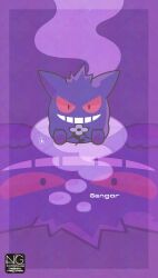  colored_sclera flower gengar ghost grin highres looking_at_viewer meme_(sleepsheep) no_humans open_mouth pokemon pokemon_(creature) red_eyes red_sclera reflection smile teeth 