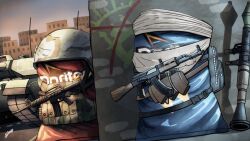  ammunition_pouch askapy assault_rifle backpack bag bag_of_chips bandana bulletproof_vest combat_helmet commentary doritos english_commentary gun headscarf helmet kalashnikov_rifle m16 m1_abrams magazine_(weapon) military_vehicle motor_vehicle no_humans original outdoors pouch rifle rocket_launcher rpg-7 rpg_(weapon) tank weapon white_bandana white_headscarf 