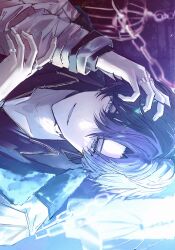  1boy aoyagi_touya birdcage blue_hair cage chain collared_shirt earrings ewo_1 fingernails hair_between_eyes highres jewelry long_sleeves looking_at_viewer male_focus mole mole_under_eye multicolored_hair official_alternate_costume official_alternate_hairstyle open_mouth project_sekai ring shirt short_hair sideways solo split-color_hair triangle_earrings two-tone_hair upper_body whip_the_wimp_girl!!_(project_sekai) zipper 