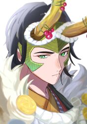  1boy animification avengers_(series) black_hair christmas_ornaments fake_horns fur_trim green_eyes half-closed_eyes helmet highres horn_ornament horns loki_(marvel) looking_at_viewer male_focus marvel nanimodekiyasne rope short_hair simple_background solo teeth upper_body white_background white_rope 